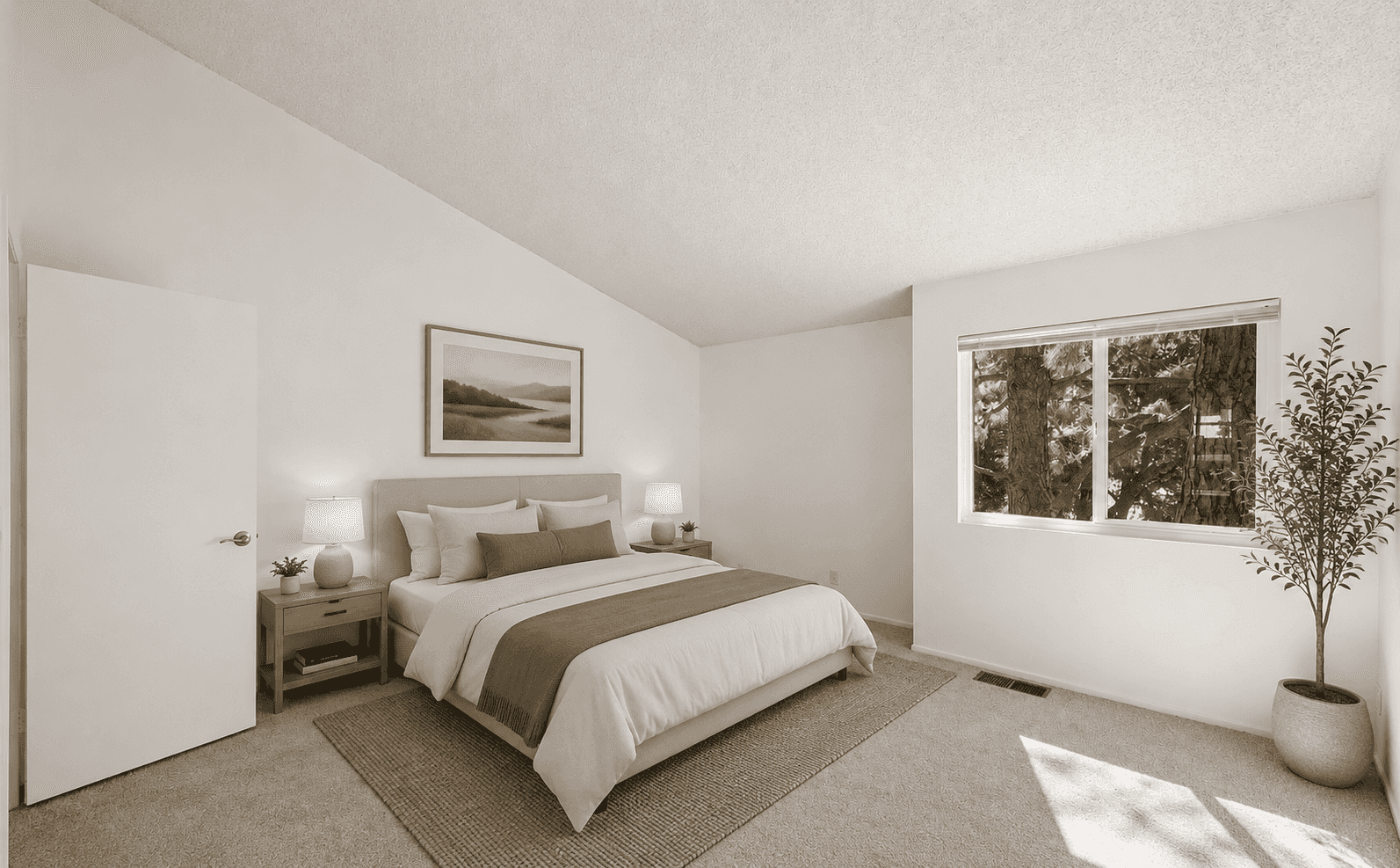 Spacious bedroom with plush carpeting and window