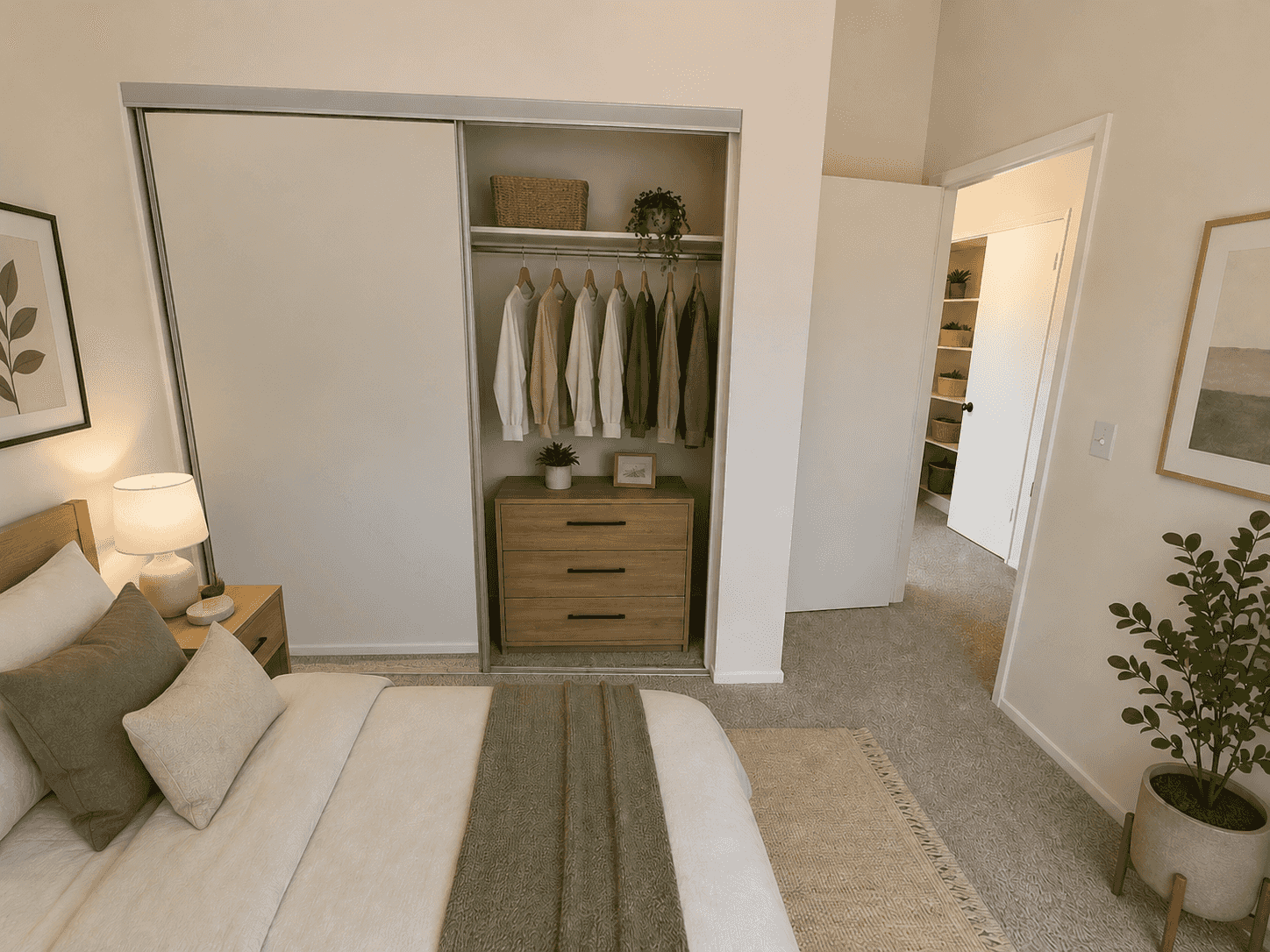 Cozy bedroom interior with sliding closet doors